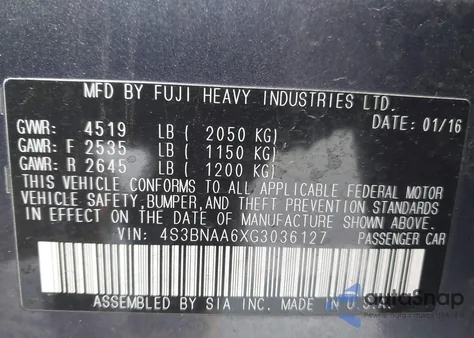 2016 Subaru Legacy 2.5I z USA, uszkodzony, nr VIN 4S3BNAA6XG3036127